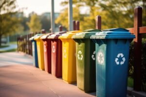 A shot of a row of recycling bins in different colours representing waste disposal