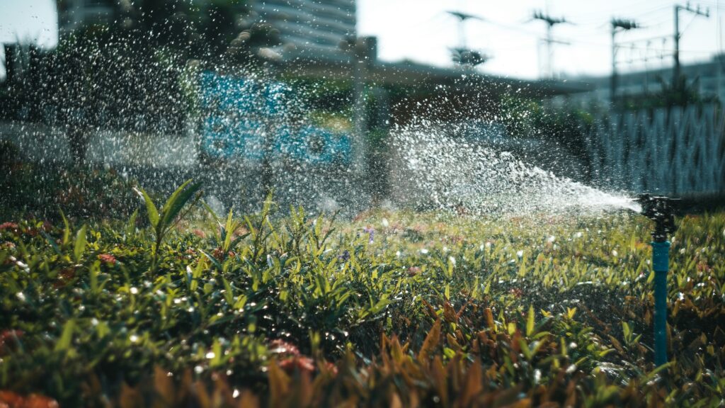 sprinklers watering grass with fence in background, representing water bills rising during summer